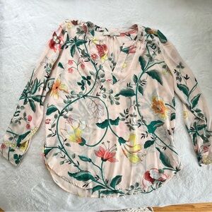 LOFT Pink Floral Long Sleeve Blouse, Size Small Petite